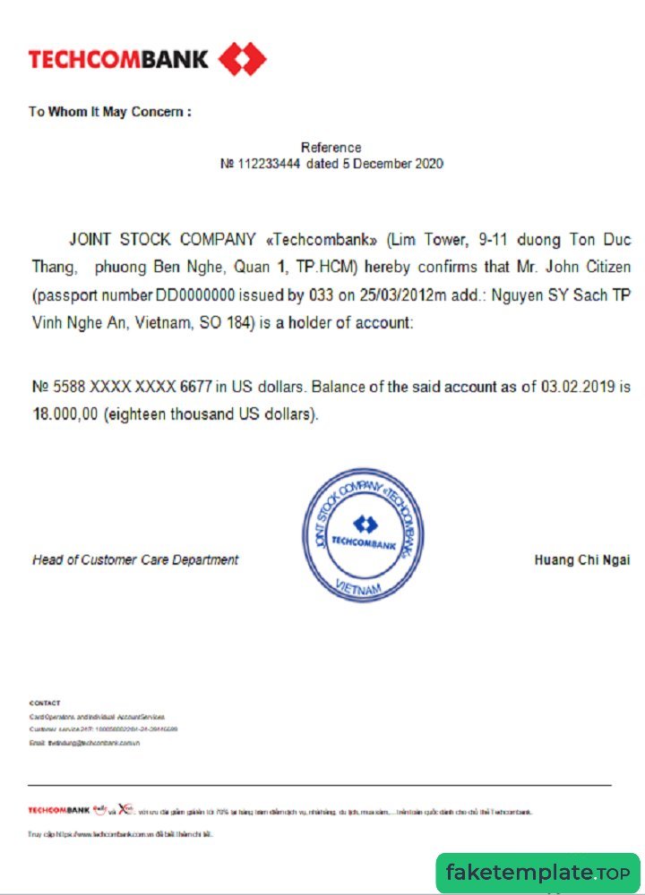 Feature of fake Vietnam Techcombank_reference example